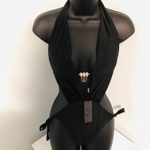 LEMONFISH Black Monokini With Gold Chain Beading